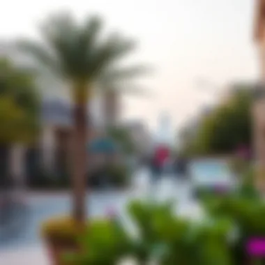 Vibrant neighborhood scene with community amenities