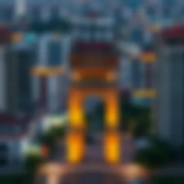 Panoramic View of City Gate Tower Amidst Urban Development A panoramic view of a city gate tower amidst urban development