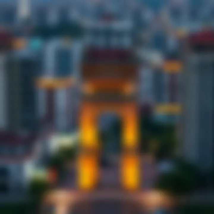 Panoramic View of City Gate Tower Amidst Urban Development A panoramic view of a city gate tower amidst urban development