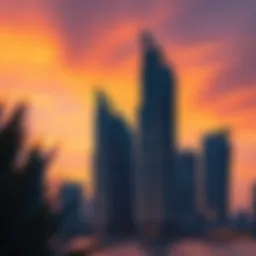 Stunning view of Dubai's sea towers against a vibrant sunset