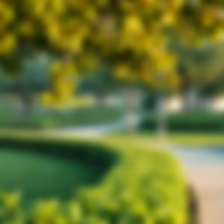 A serene park in واحة الهيلي with lush landscaping and walking paths