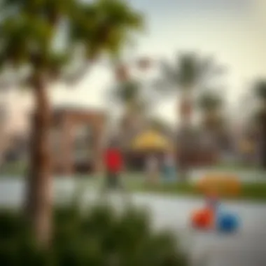 Community Amenities in Mussafah Community park in Mussafah with families enjoying the space