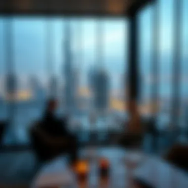 Breathtaking view of Dubai's skyline from a rooftop restaurant, highlighting the dining experience