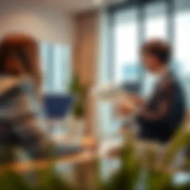 An estate agent presenting property options to a client in a modern office setting