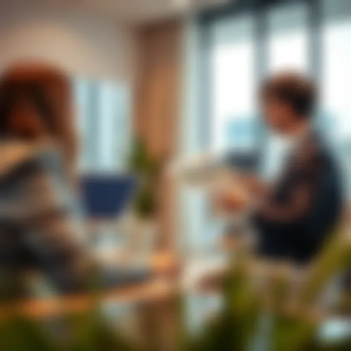 An estate agent presenting property options to a client in a modern office setting