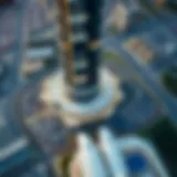 Aerial view of Burj Khalifa and surrounding parking facilities
