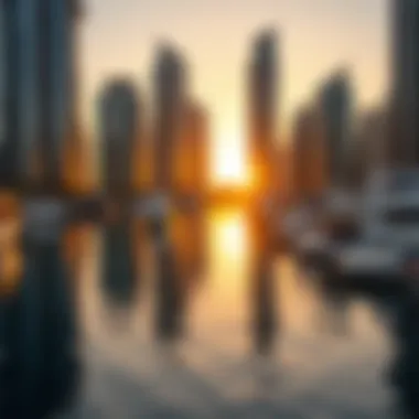 Golden hues reflecting on Dubai Marina waters