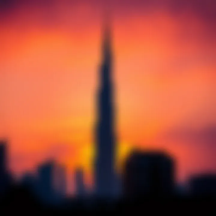 Silhouetted Burj Khalifa against a vibrant sunrise