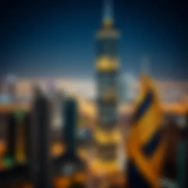 Tiffany Tower illuminated at night against the Dubai skyline